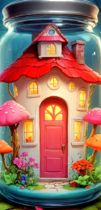 Whimsical mushroom house in glass jar with vibrant red roof.