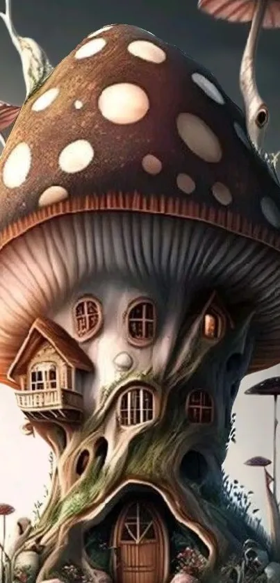 Whimsical mushroom house with windows and door in fantasy setting.