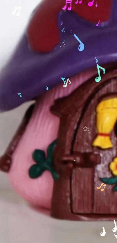 Whimsical mushroom house with musical notes on purple background.