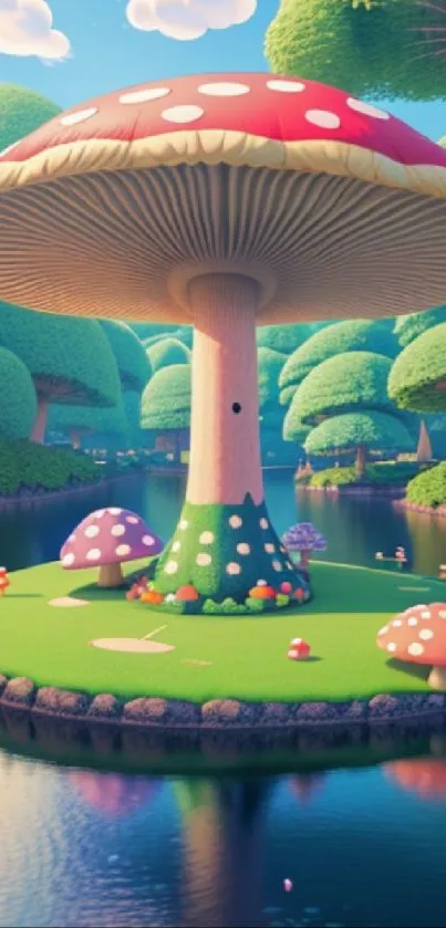 Whimsical mushroom island with serene waters and lush greenery.