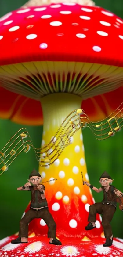 Two gnomes play violins under a giant red mushroom with musical notes.