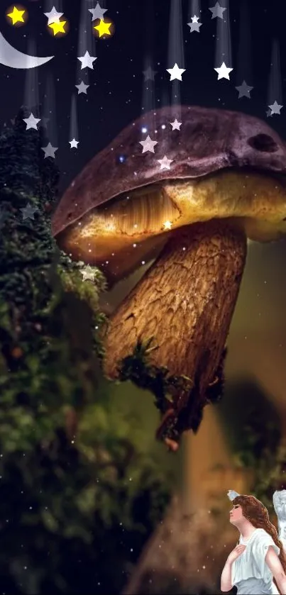 Magical mushroom under a starry night sky with a moon and angelic figure.