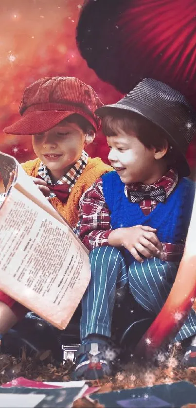 Children reading under a giant mushroom with magical sparkles on an autumn day.