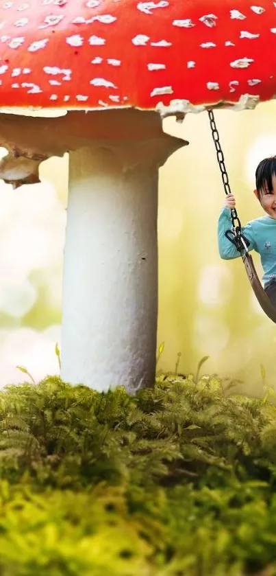 Child swinging on a giant mushroom in a whimsical nature scene.