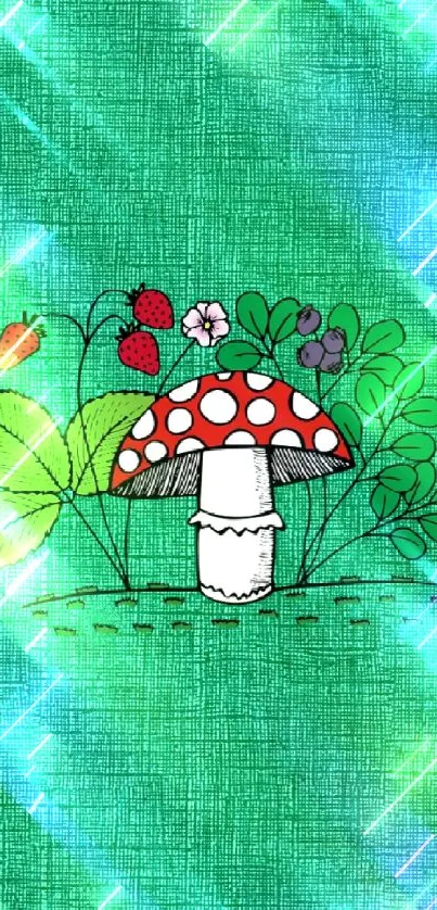 Charming mushroom with berries on a green textured background.