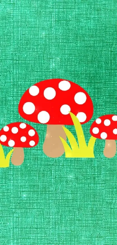 Whimsical green wallpaper with red mushrooms.