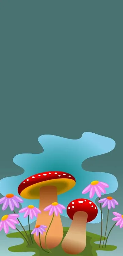 Whimsical mushroom and flowers on teal background.