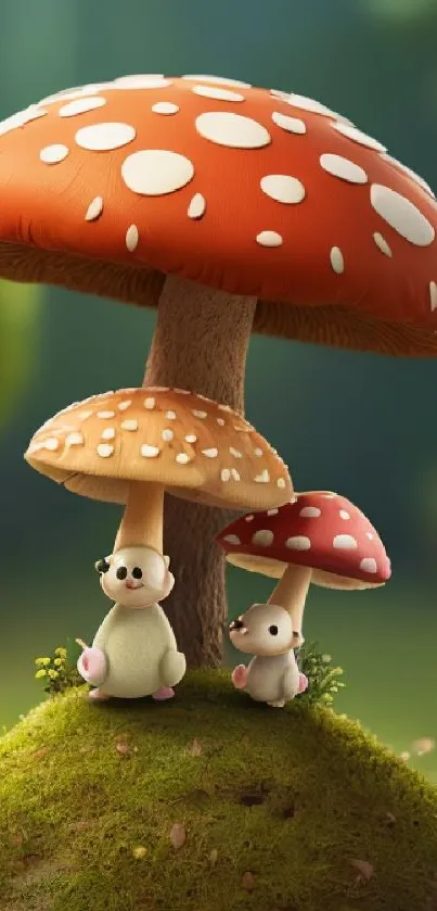 Whimsical scene with large mushrooms and cute creatures.