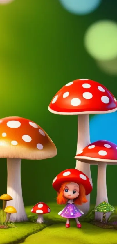 Whimsical mobile wallpaper with colorful mushrooms and tiny character.