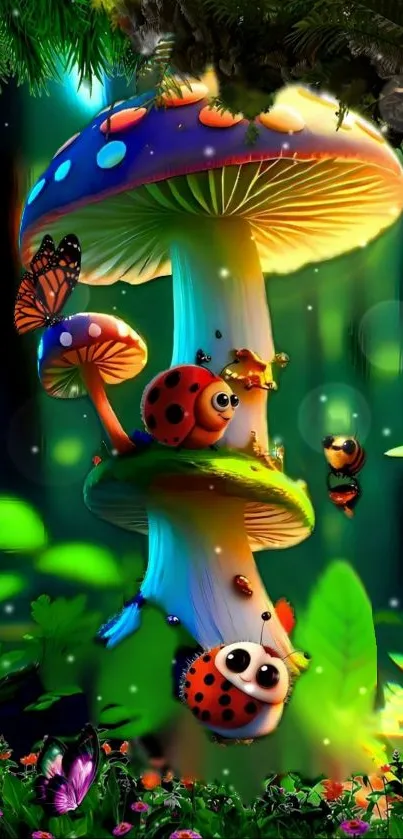 Whimsical forest with mushrooms and insects on mobile wallpaper.