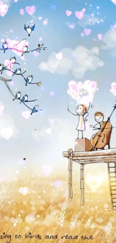 Children with cello and birds under a sky with heart-shaped clouds.