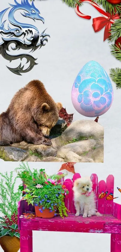 Whimsical collage with bear, egg, puppy, and dragon art.