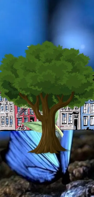 Illustrated tree and houses on a vibrant blue background.