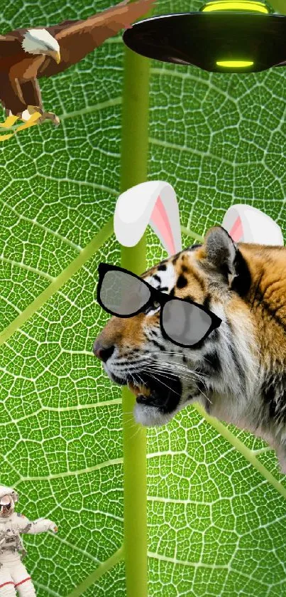 Tiger with bunny ears on green leaf wallpaper.