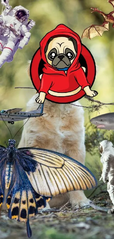 Whimsical collage featuring a pug, astronauts, a butterfly, and fantasy creatures.