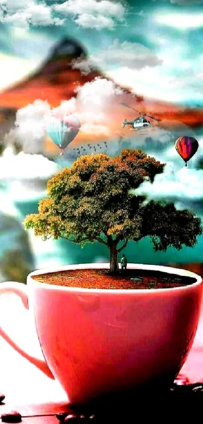 Tree grows in cup with hot air balloons in fantasy landscape.