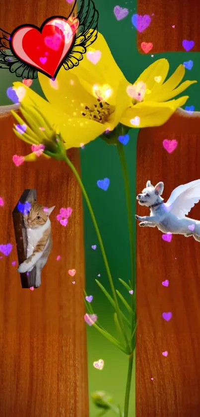 Whimsical scene with yellow flower, hearts, winged dog, and kitten.