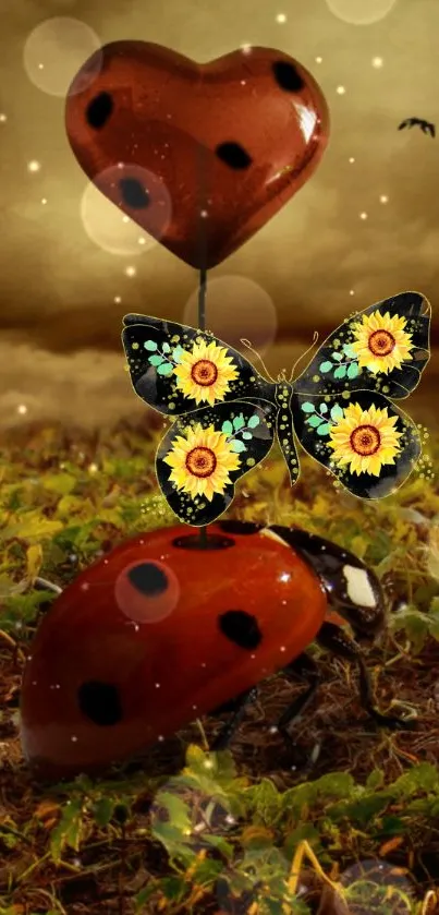 Whimsical nature scene with a heart balloon and butterfly.