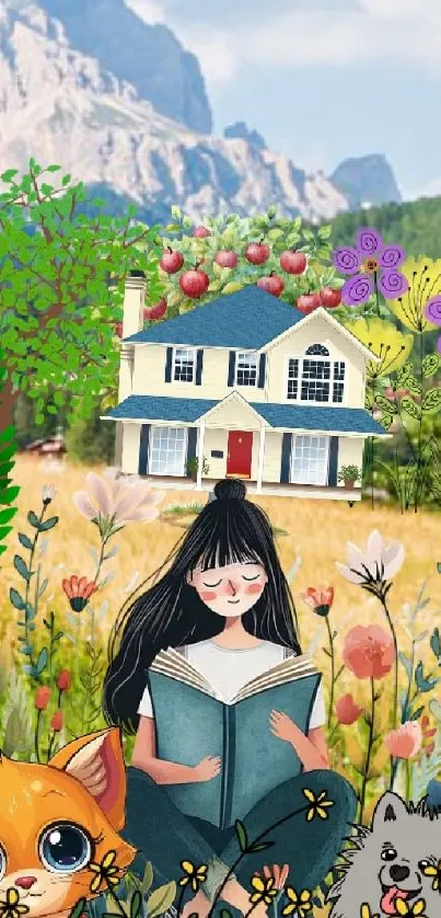 Girl reading amidst flowers with mountains and a house in background.