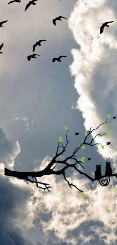 Whimsical sky with birds and cats on a branch in a serene, cloud-filled scene.