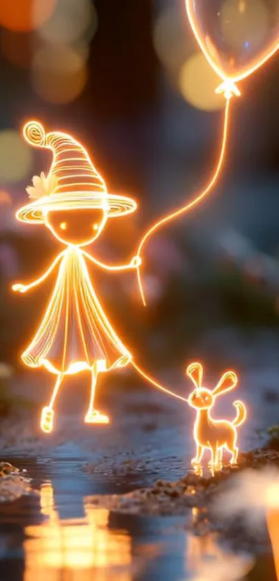 Whimsical neon art with glowing character and dog.