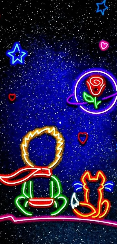 Neon space art with child and fox under stars.