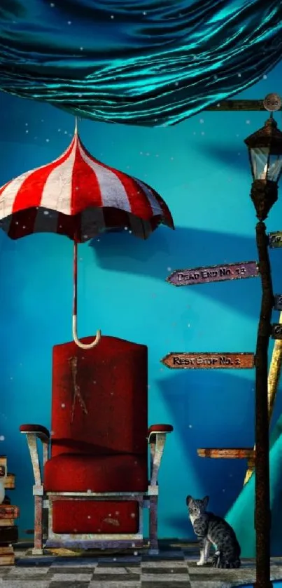 Whimsical scene with red chair, umbrella, and blue backdrop.