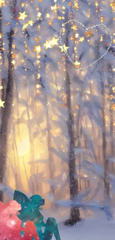 Whimsical forest wallpaper with fairy silhouettes and stars.