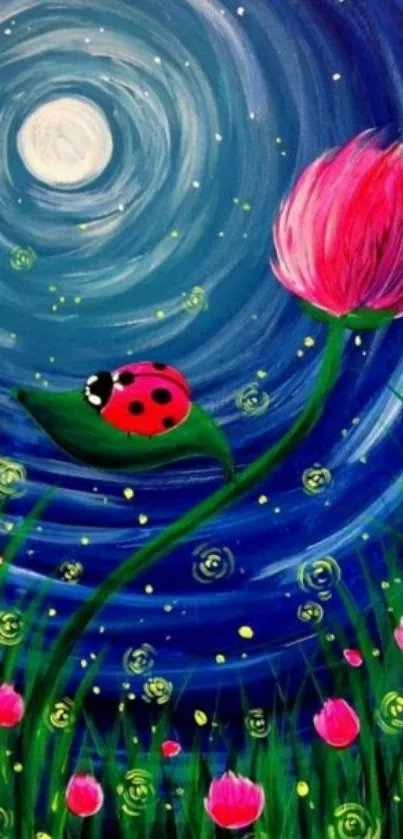 Vibrant artwork of a ladybug in a night garden with full moon and flowers.