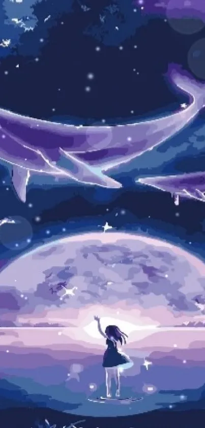 Dreamlike night sky with floating whales under stars.