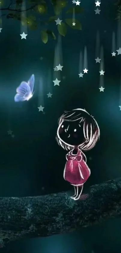 Illustration of a child on a branch with stars and a butterfly at night.