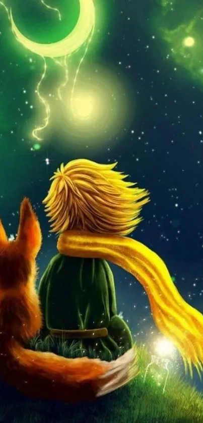 Whimsical night sky art with child and fox under stars.