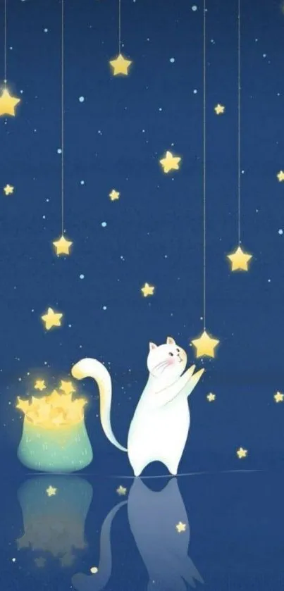 Whimsical wallpaper of a cat playing with stars in a dark blue night sky.