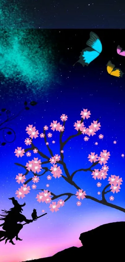 Whimsical night sky with witch, flowers, and butterflies.