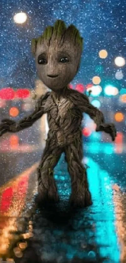 Playful tree creature on vibrant rainy street at night.