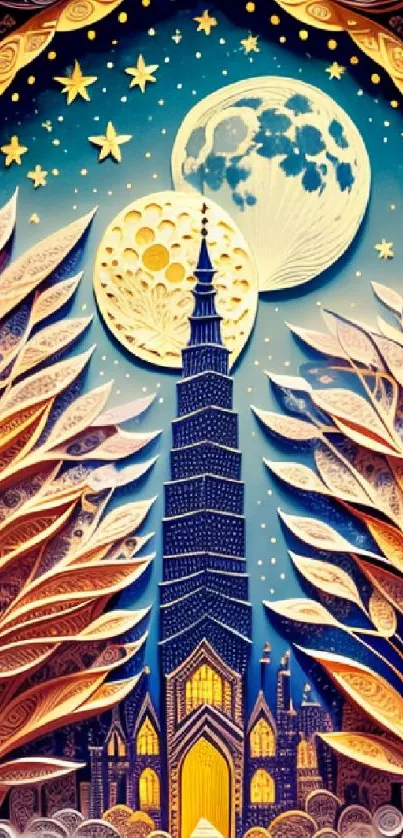 Whimsical tower under starry night sky with abstract leaves and moon.