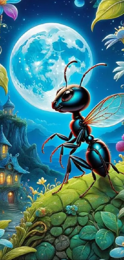 Whimsical ant on garden hill under full moon in vibrant fantasy wallpaper.