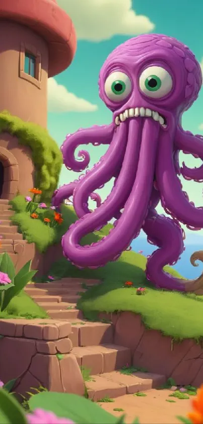 A whimsical purple octopus near a tower in a colorful cartoon setting.