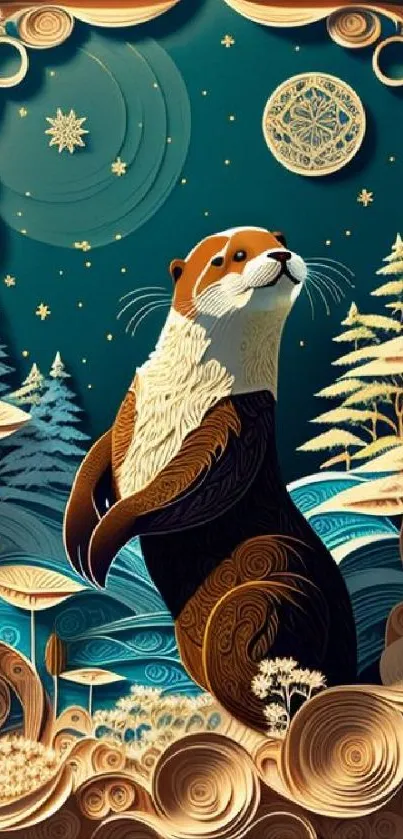 Whimsical otter amidst cosmic night sky and forest.