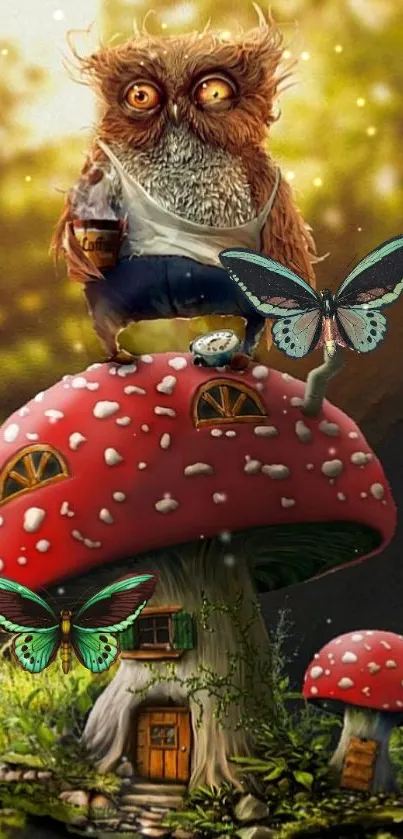 Magical owl on a mushroom house with butterflies fluttering around.