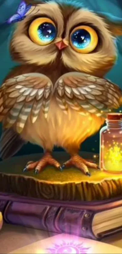 Whimsical owl on books with glowing jar, fantasy art.