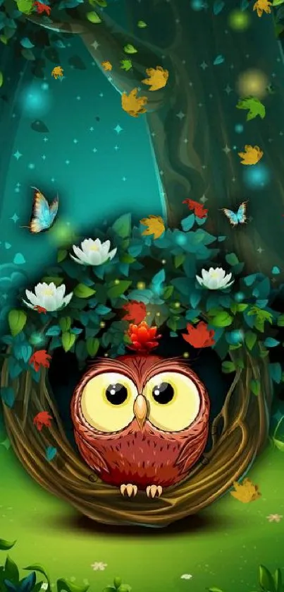 Cartoon owl in a vibrant forest with butterflies and flowers.