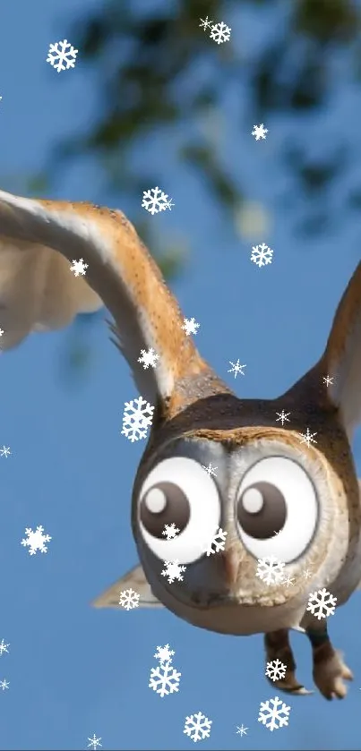 Whimsical owl soaring in a blue sky with cartoon-like eyes.