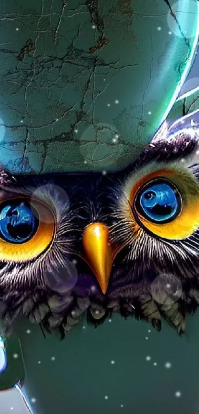 Owl nestled between two turquoise teacups in an abstract art style wallpaper.