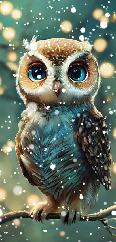 Whimsical owl on a teal background with blurred lights.