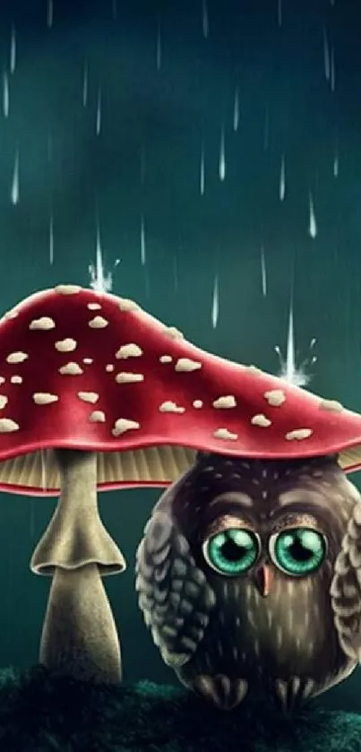 Cute owl under red mushroom in rain on phone wallpaper.