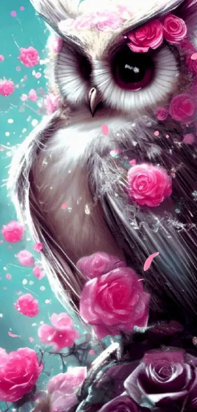 Whimsical owl adorned with pink roses against a teal background.