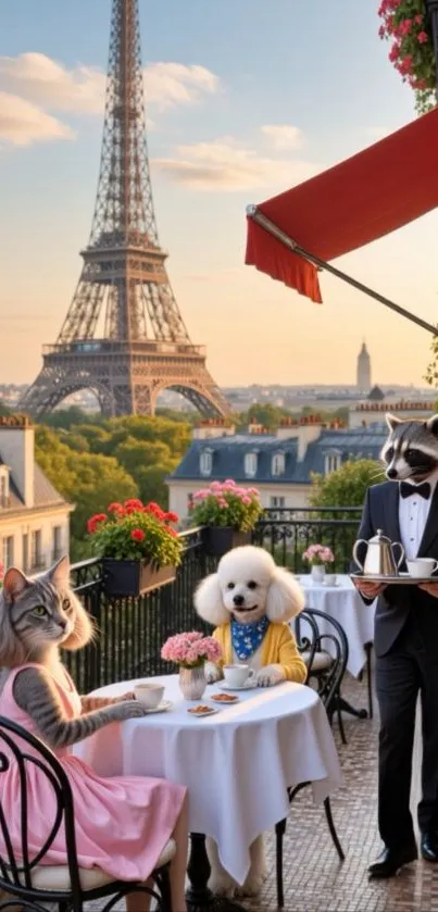 Animals in attire having tea with Eiffel Tower view.