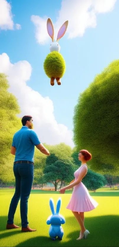 Whimsical park scene with floating green bunny and people admiring the view.