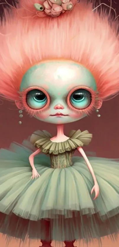 Whimsical pastel character in a detailed dress with artistic tone.